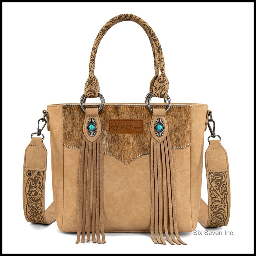 Western Cowhide Crossbody Bag with Tassel Top Handle Leather Handbag